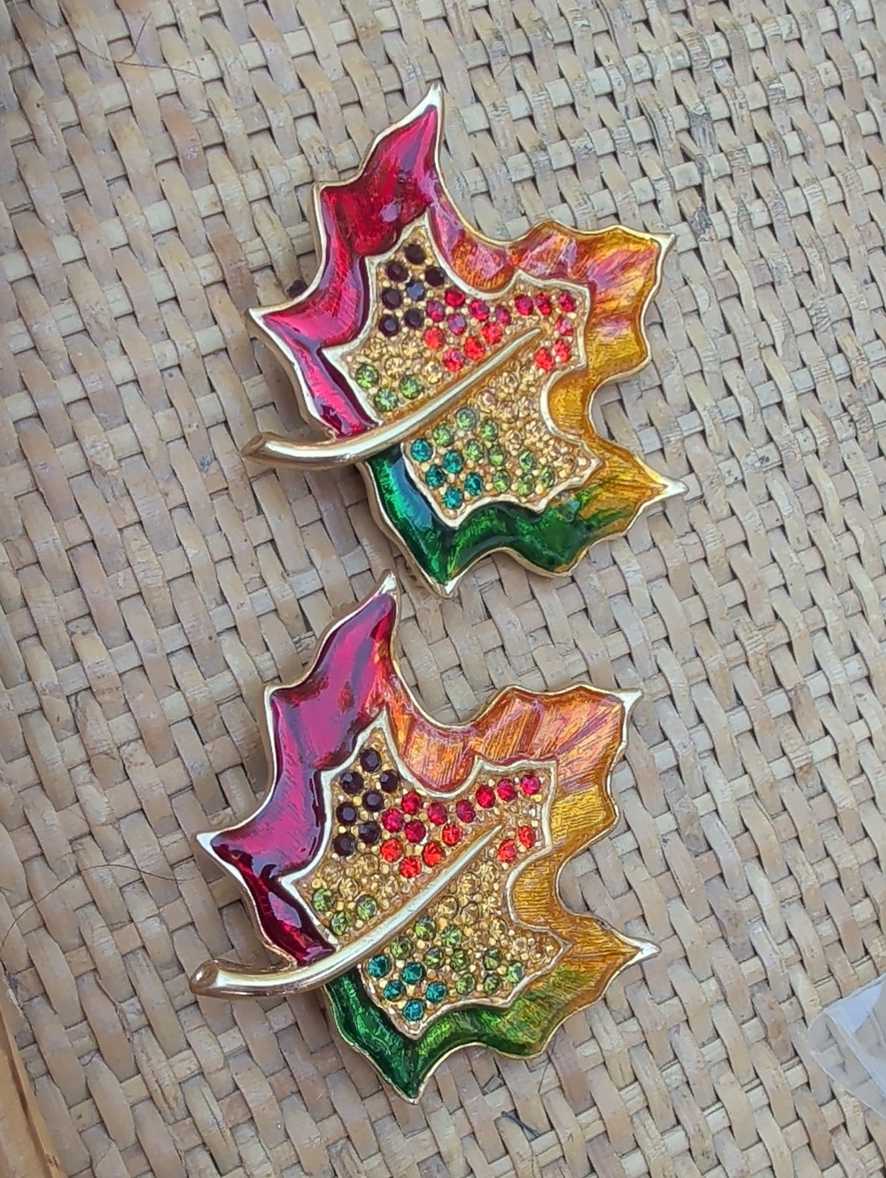 Pair of Vintage Christopher Radko Maple Leaf Brooches Set Needing Repair